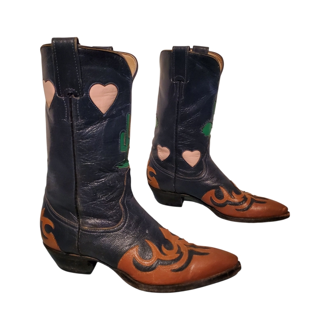 Vintage Larry Mahan Cactus/Heart Inlays Cowboy Western Boots Women's Size 7.5B - Picture 4 of 12